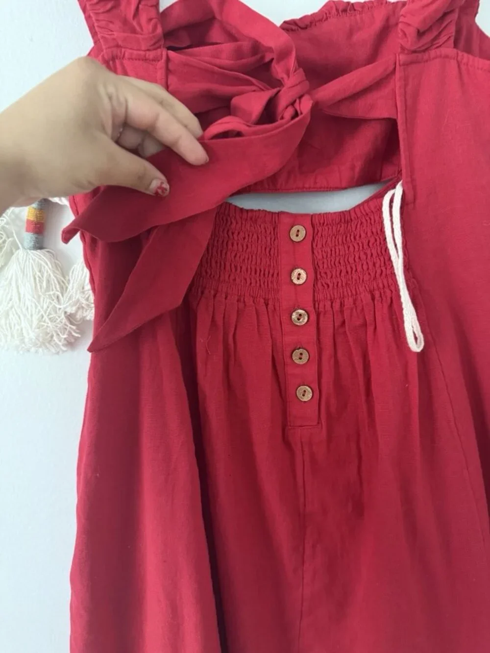 Free People Bom Bom Island Linen Blend Mini Dress Red Ruched Milkmaid Dainty NWT